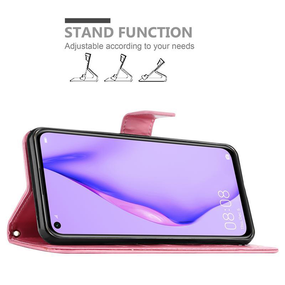 Custodia per telefono rosa con funzione stand, che tiene un telefono. Testo: funzione stand, regolabile in base alle esigenze.