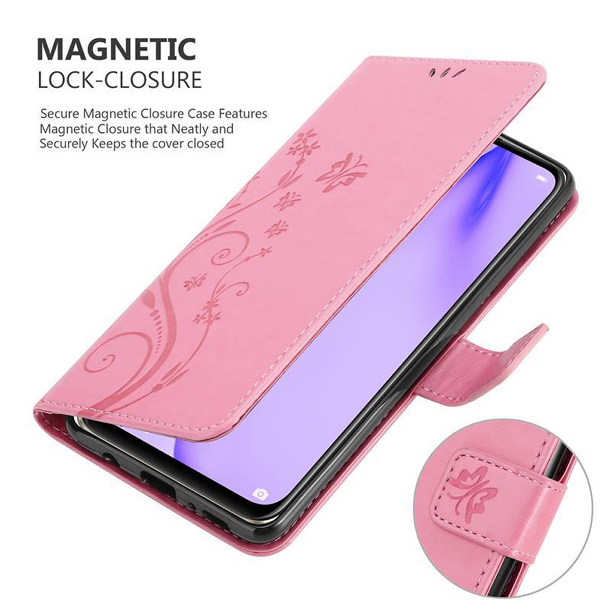Custodia per telefono rosa, aperta, che mostra lo schermo di un telefono. Una piccola chiusura è visibile.