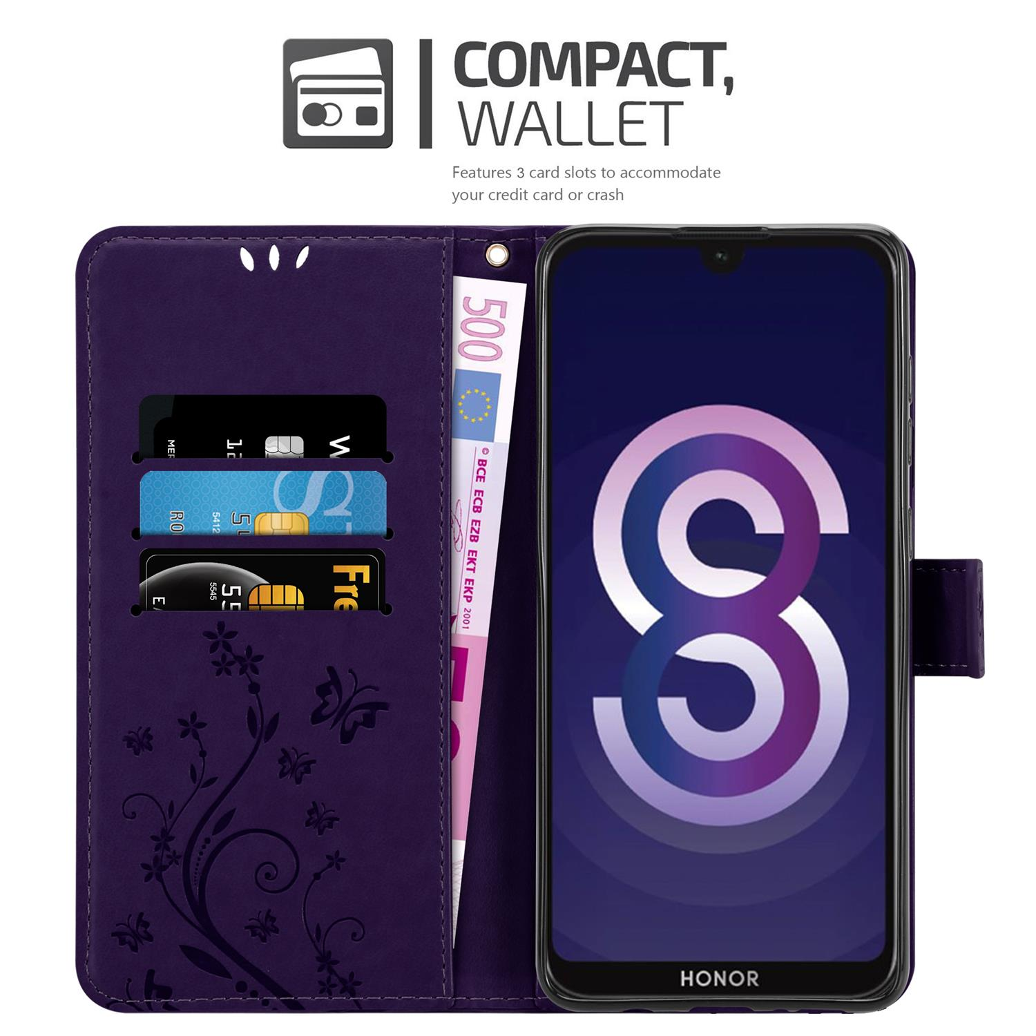 Custodia a portafoglio viola con telefono. Carte e contanti visibili. Telefono Honor a destra.
