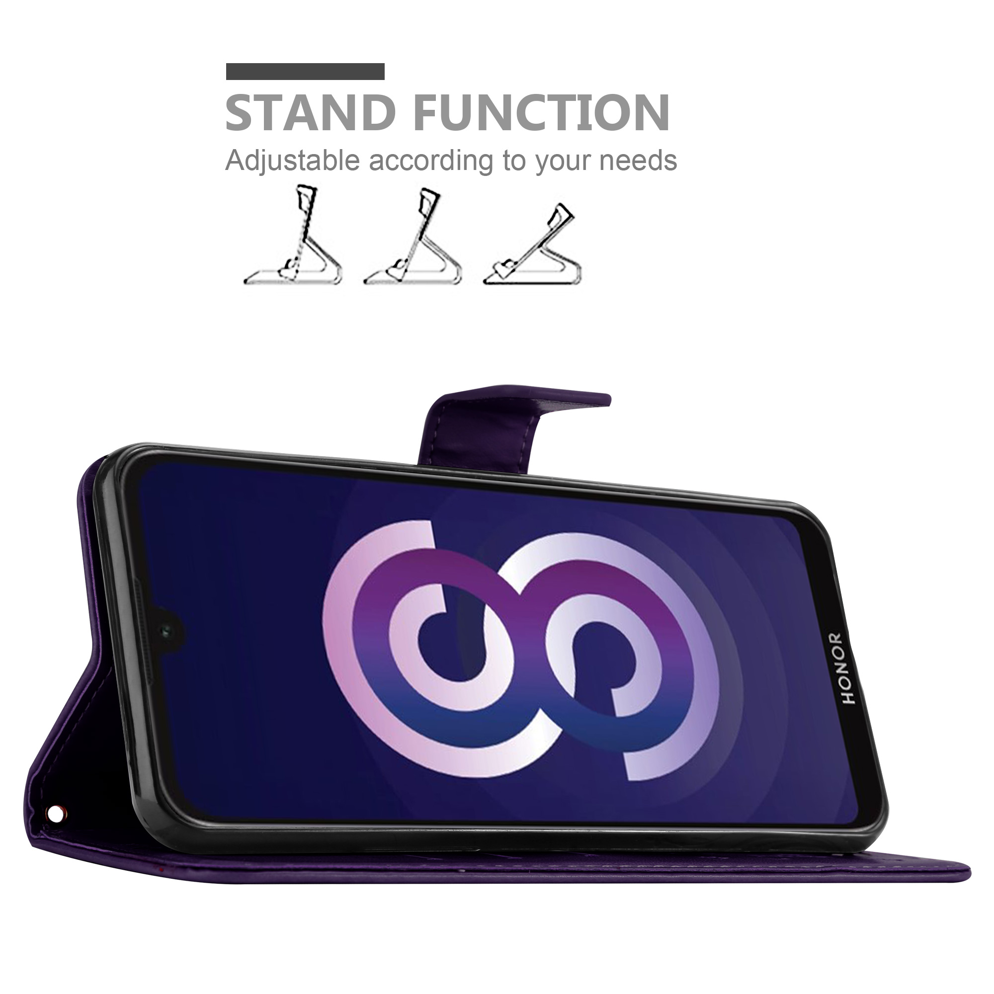 Custodia viola con telefono e logo. Funzione stand mostrata con diagrammi.