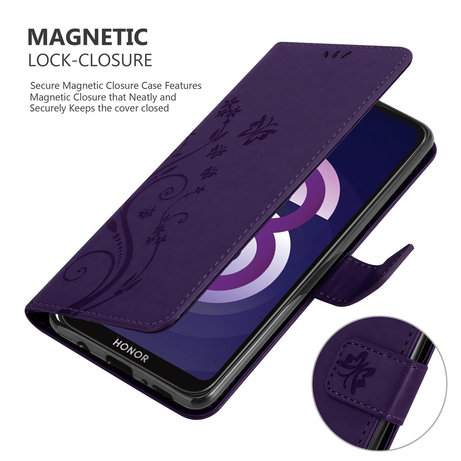 Custodia per telefono viola con design floreale. Il telefono è visibile. Chiusura magnetica.