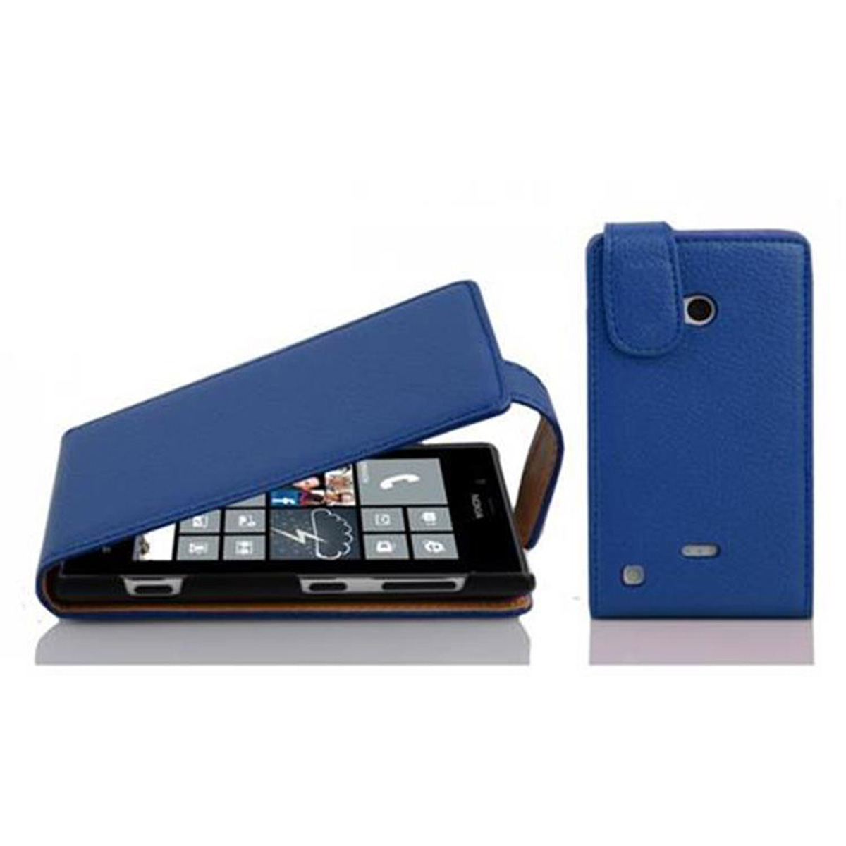 Eine blaue Handyhülle, die ein Telefon mit Oberfläche zeigt, auf weißem Hintergrund. Die Oberseite ist offen.