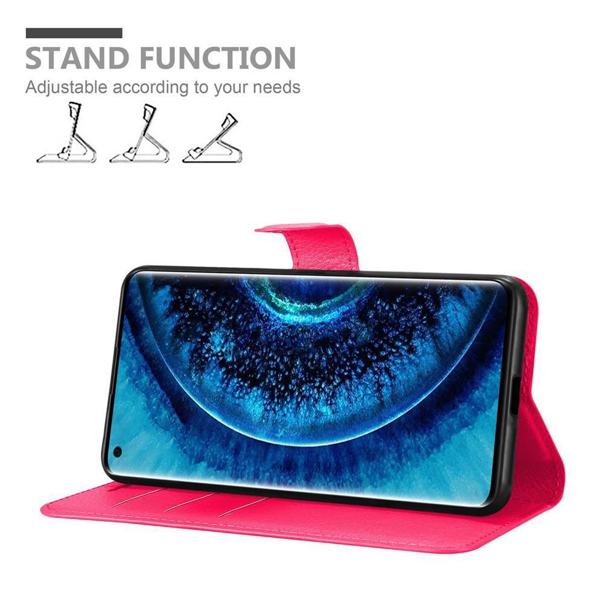 Custodia rosa con telefono dentro. Funzione supporto regolabile. Sfondo bianco.