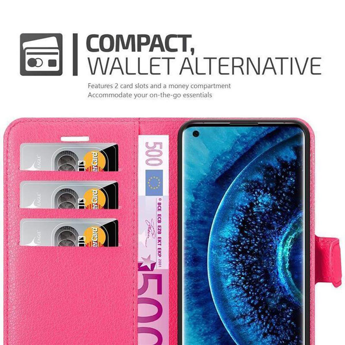 Custodia per telefono rosa con carte e scomparto per soldi, con un telefono dentro. Testo: Compatto, Alternativa al portafoglio.