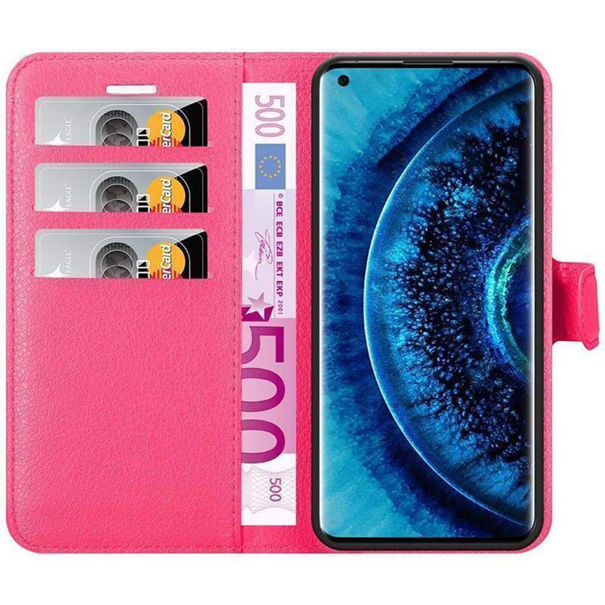 Custodia per telefono rosa con scomparti per carte, denaro e smartphone con schermo blu.