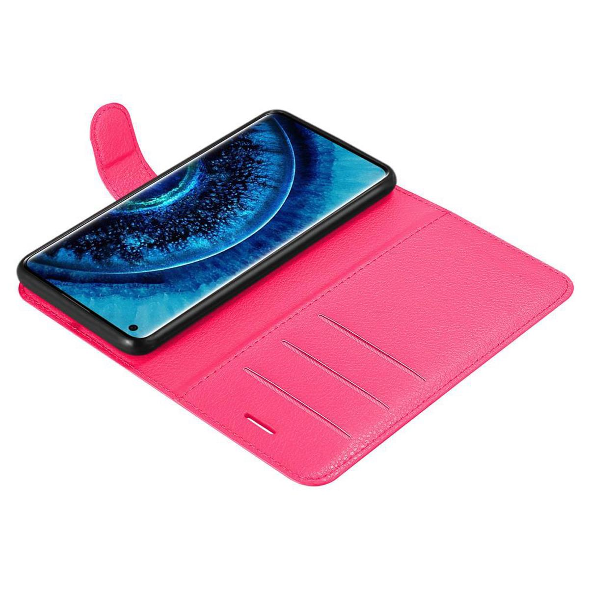 Custodia rosa aperta con telefono dentro. La custodia è aperta, mostrando lo schermo.