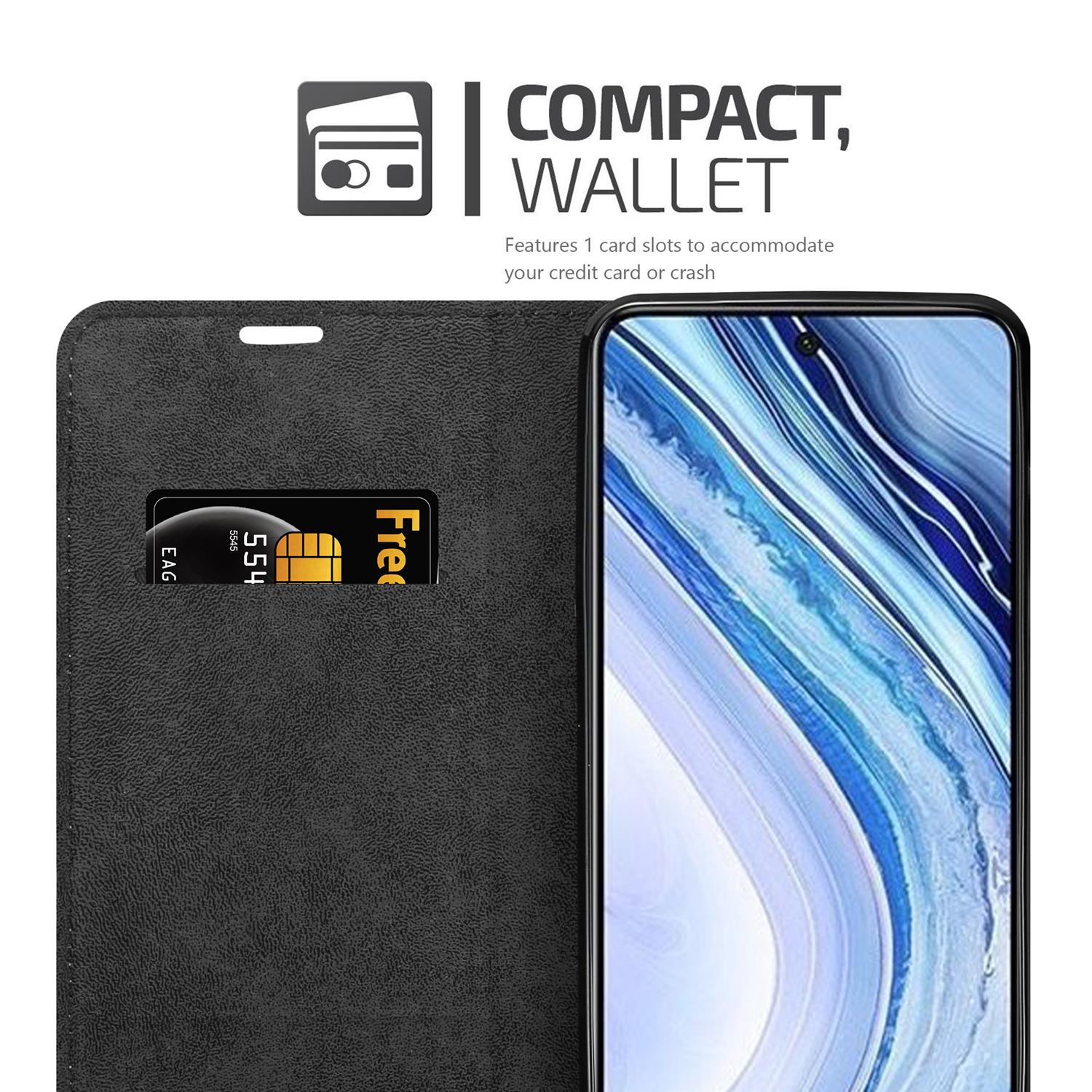 Schwarze Handyhülle, offen mit einem Telefon und einer Karte.