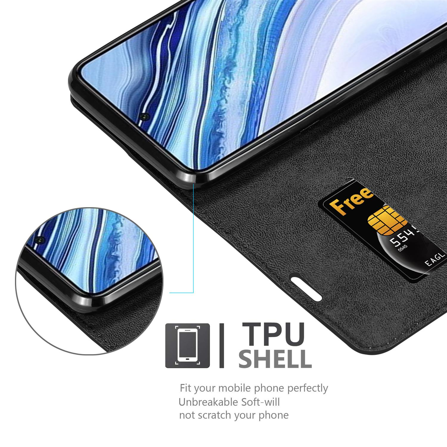 Schwarze Handyhülle mit einem Handy. Eine SIM-Karte ist eingesetzt. Nahaufnahme.