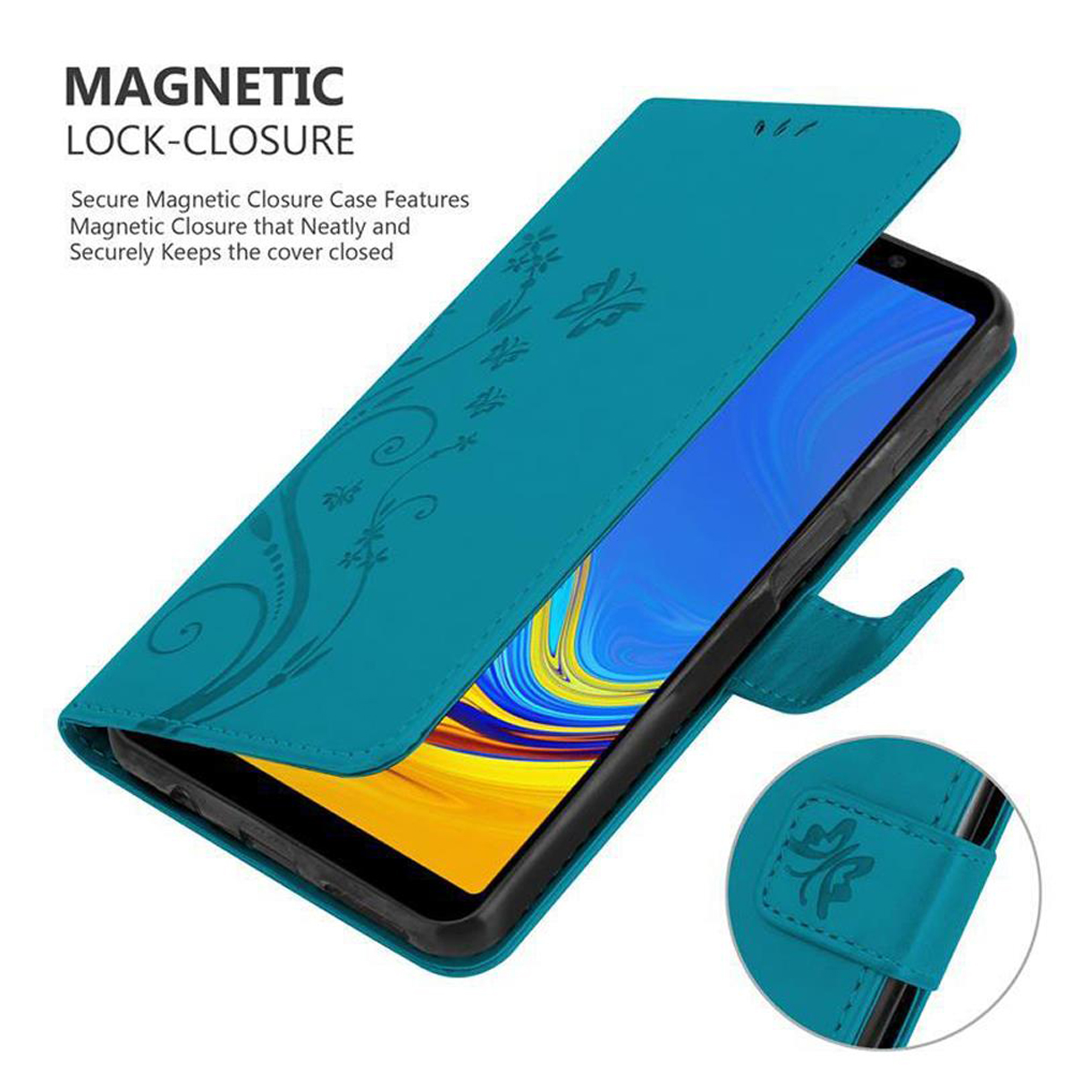 Custodia per telefono turchese con design floreale, aperta per rivelare un telefono. Vista più piccola mostra la chiusura.