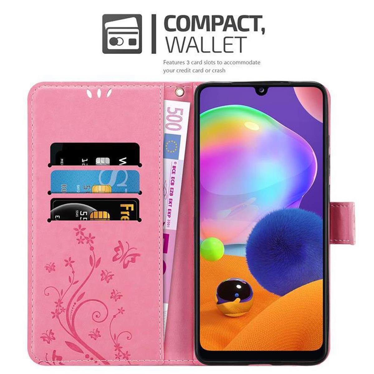 Custodia rosa per telefono con carte, denaro e un telefono all'interno.