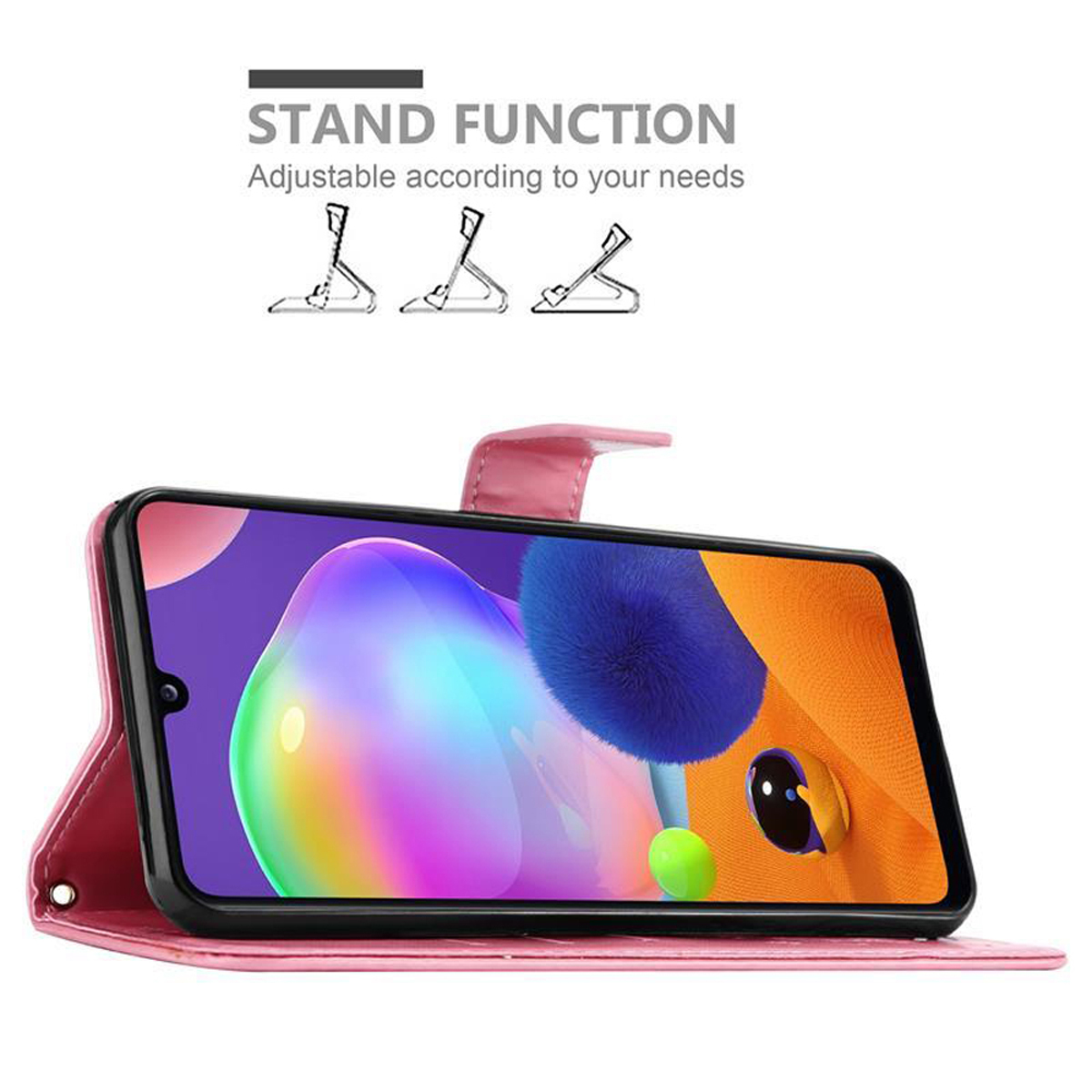 Custodia per telefono rosa con funzione stand, che tiene un telefono con display colorato. Testo: funzione stand, regolabile.