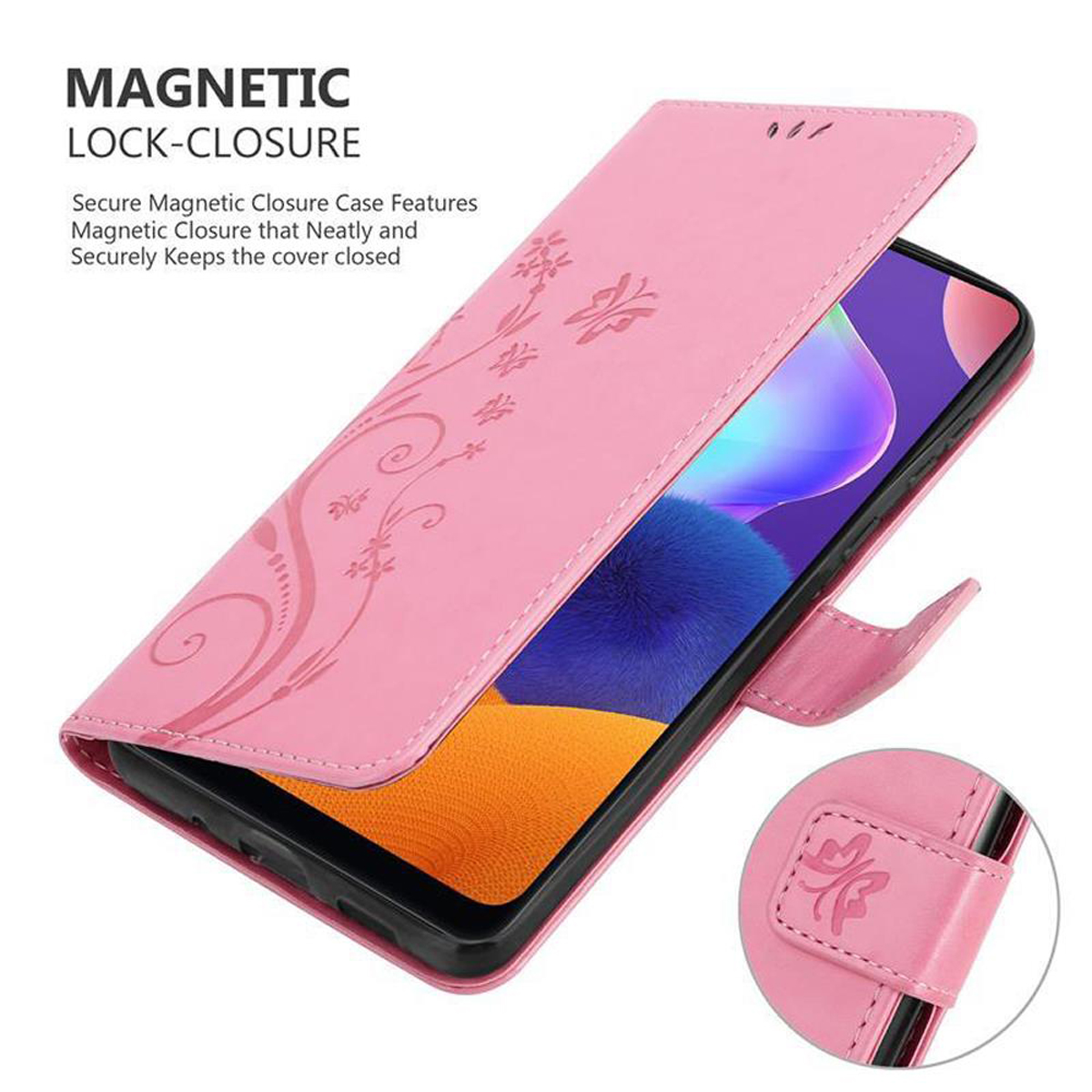 Custodia rosa per telefono con design floreale e chiusura magnetica, aperta per rivelare un telefono.