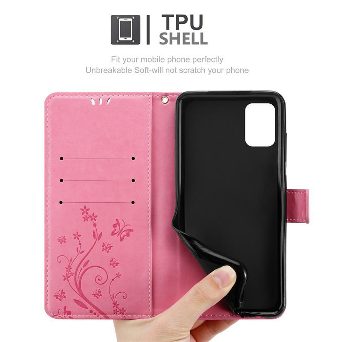 Custodia per telefono rosa aperta. L'interno ha fessure per carte e design floreale. Testo: 'Guscio TPU'.