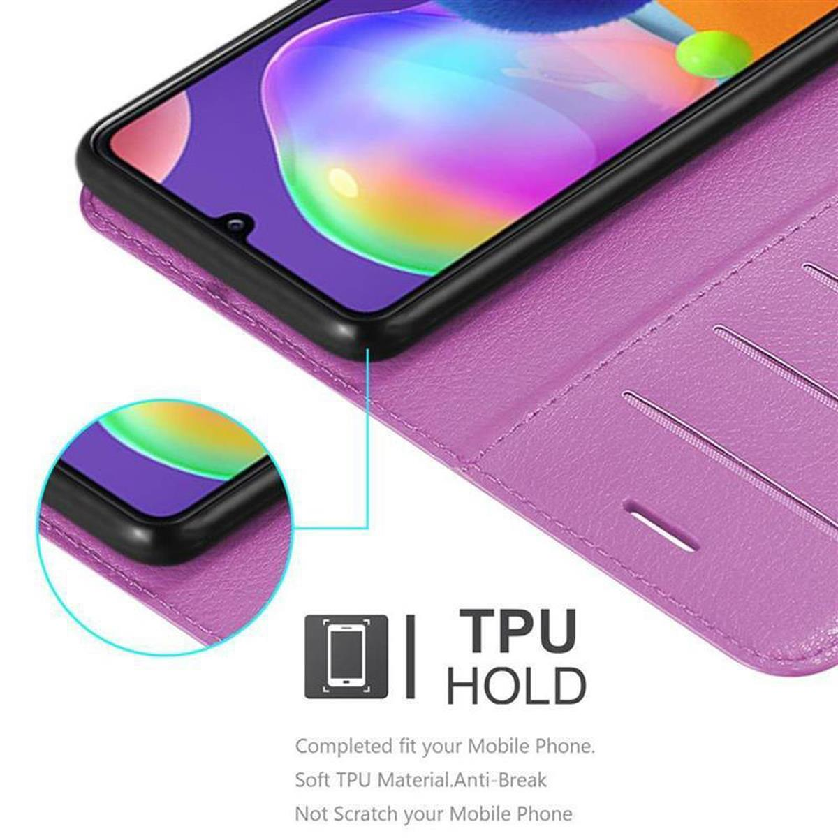 Custodia per telefono viola aperta per mostrare un telefono all'interno. Sovrapposizione di testo con TPU e Hold.