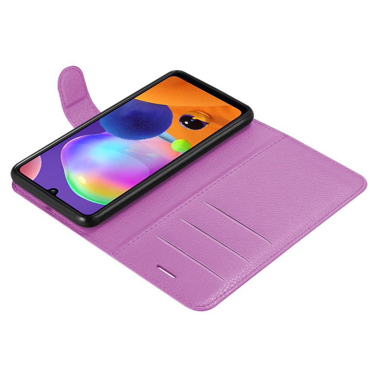 Custodia viola con telefono. Il telefono ha uno schermo colorato.