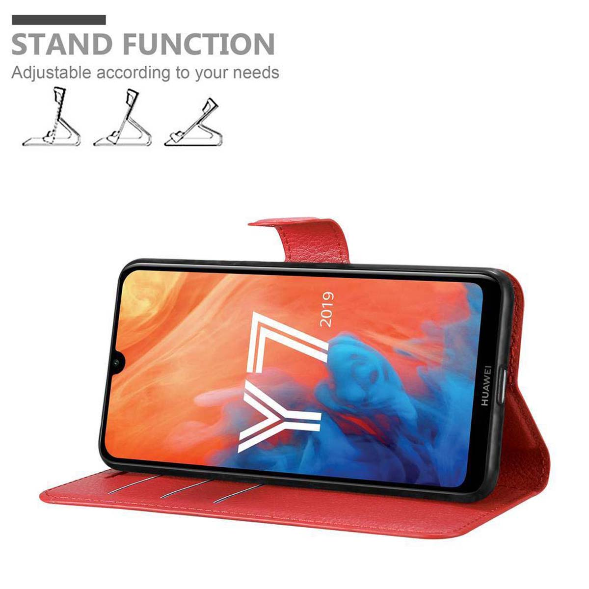 Custodia rossa aperta, con telefono e funzione stand su sfondo bianco.