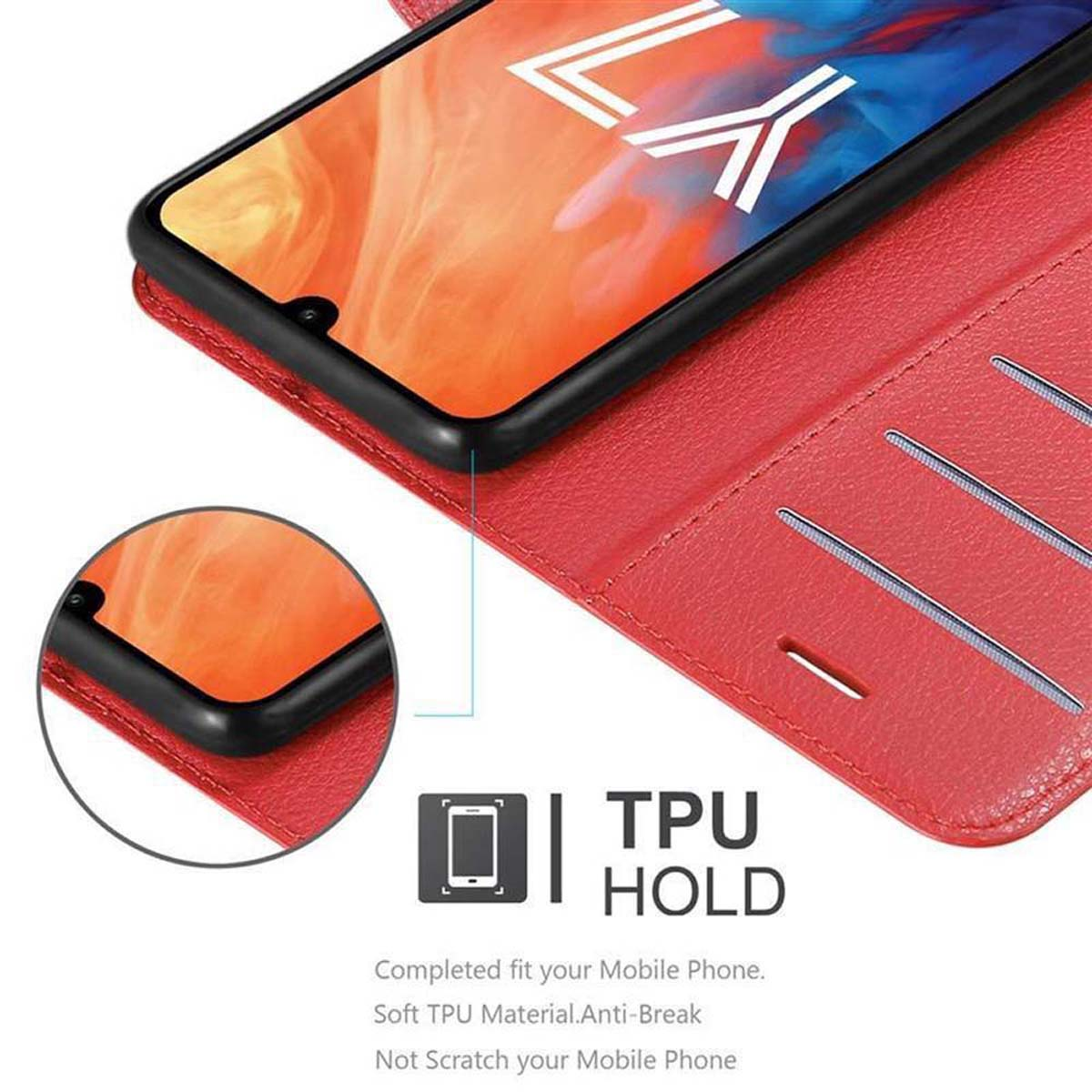 Custodia rossa del telefono aperta, che mostra il telefono all'interno, con il testo 'TPU HOLD'.