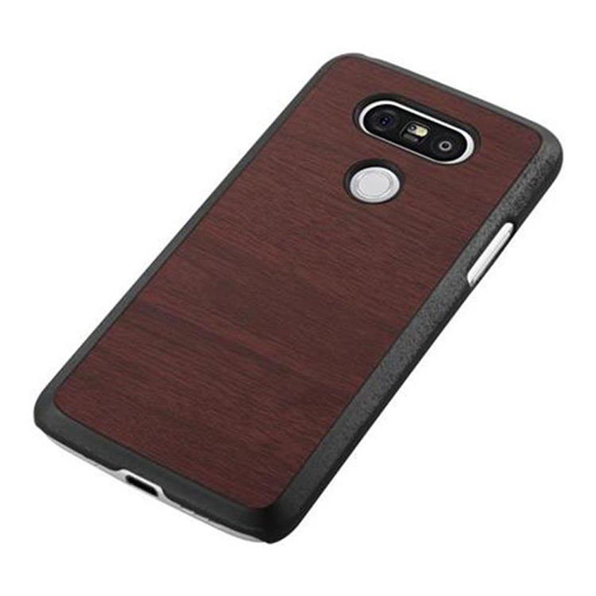 Custodia per telefono nera con un design in legno. Il telefono è all'interno.