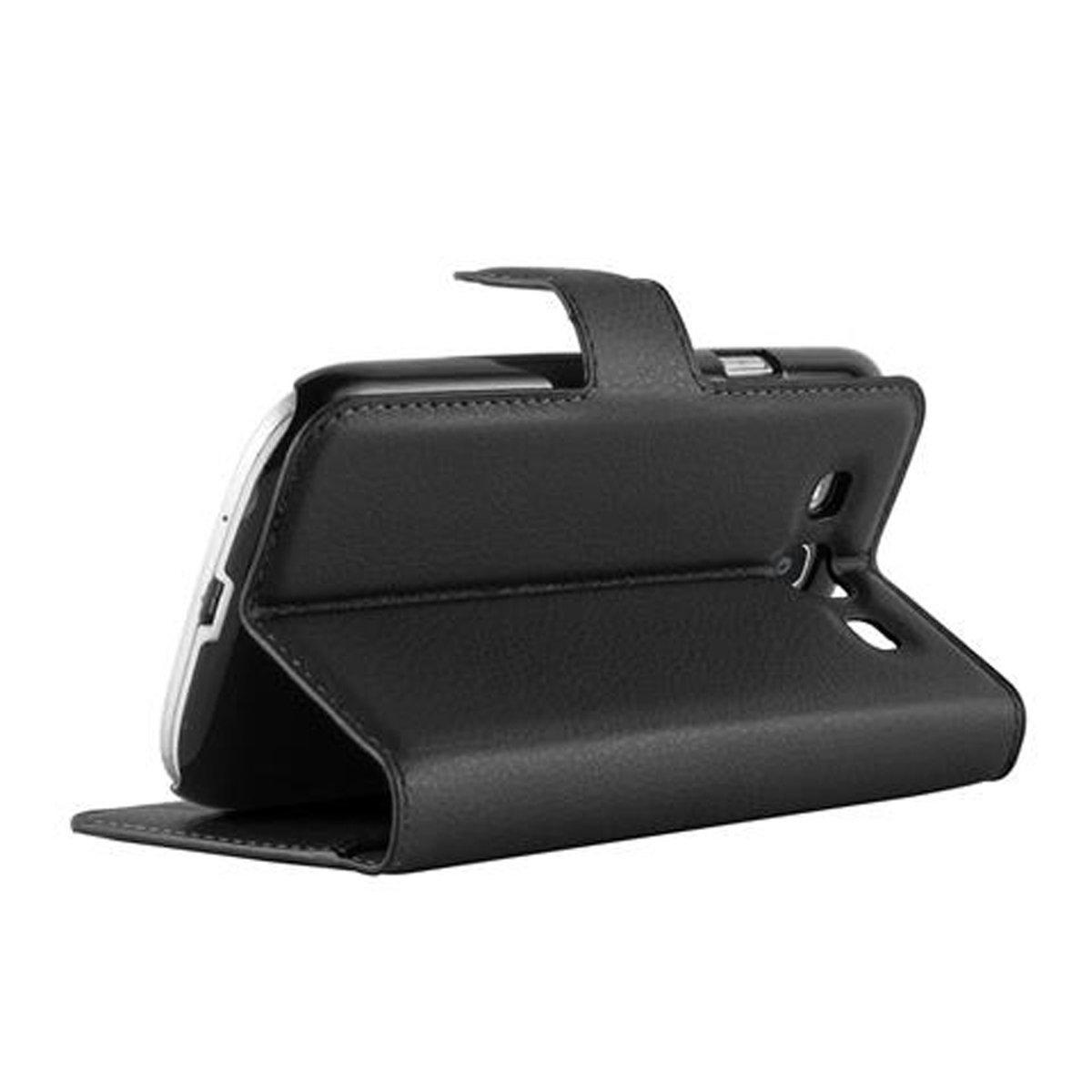 Schwarze Leder-Handyhülle, geöffnet, um ein Telefon im Inneren zu zeigen. Die Hülle hat einen Verschluss.