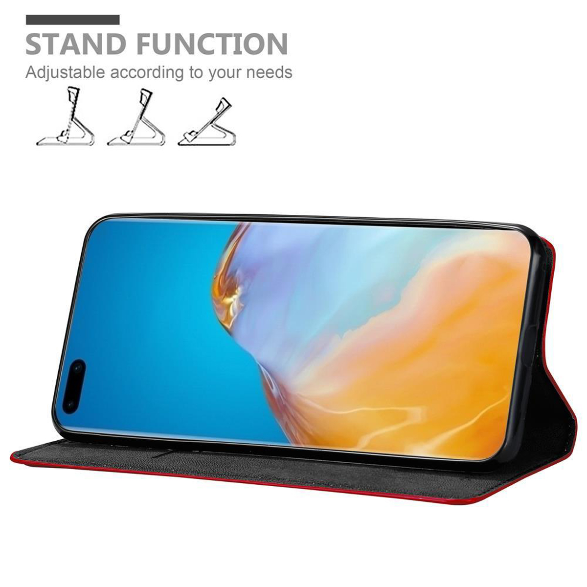 Custodia rossa per telefono aperta, telefono dentro, schermo arancione, interno nero, funzione supporto, sfondo bianco.
