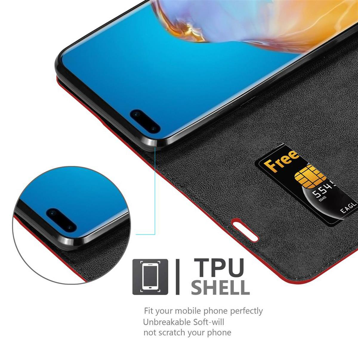 Un telefono in una custodia nera con carta di credito e bordo rosso.