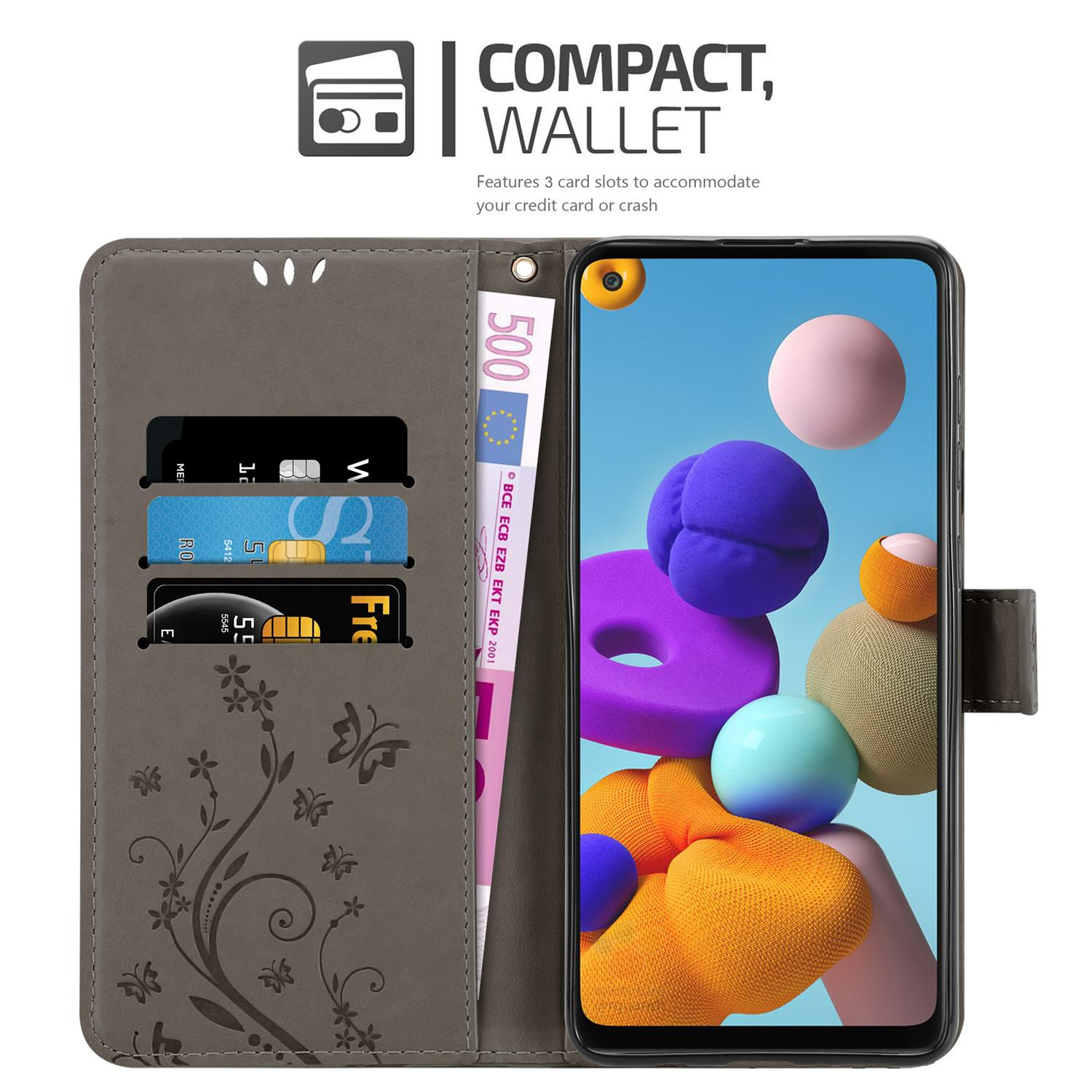 Telefono in custodia, con fessure per carte e denaro. Testo: Compatto, Portafoglio. 3 fessure.