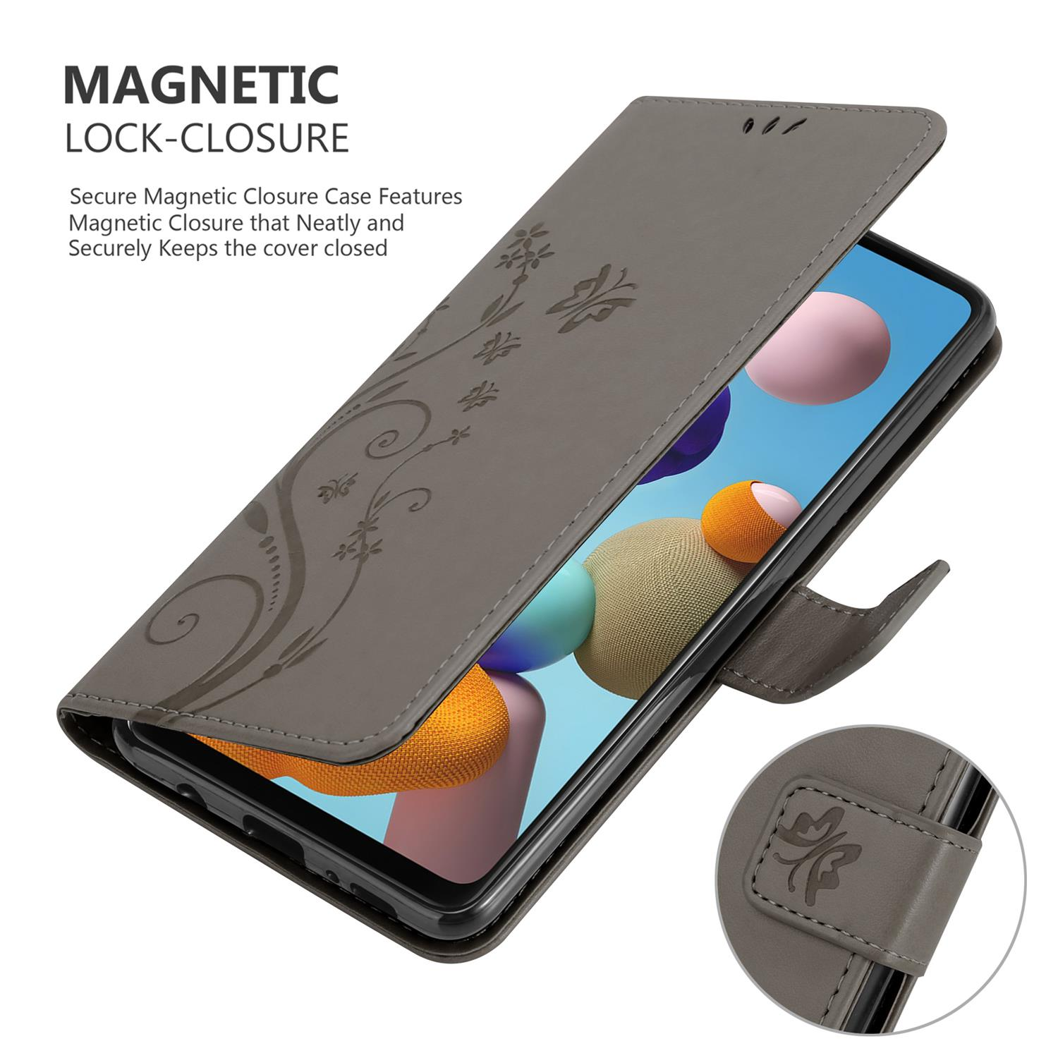 Custodia per telefono grigia aperta, con design floreale. Testo: CHIUSURA MAGNETICA.