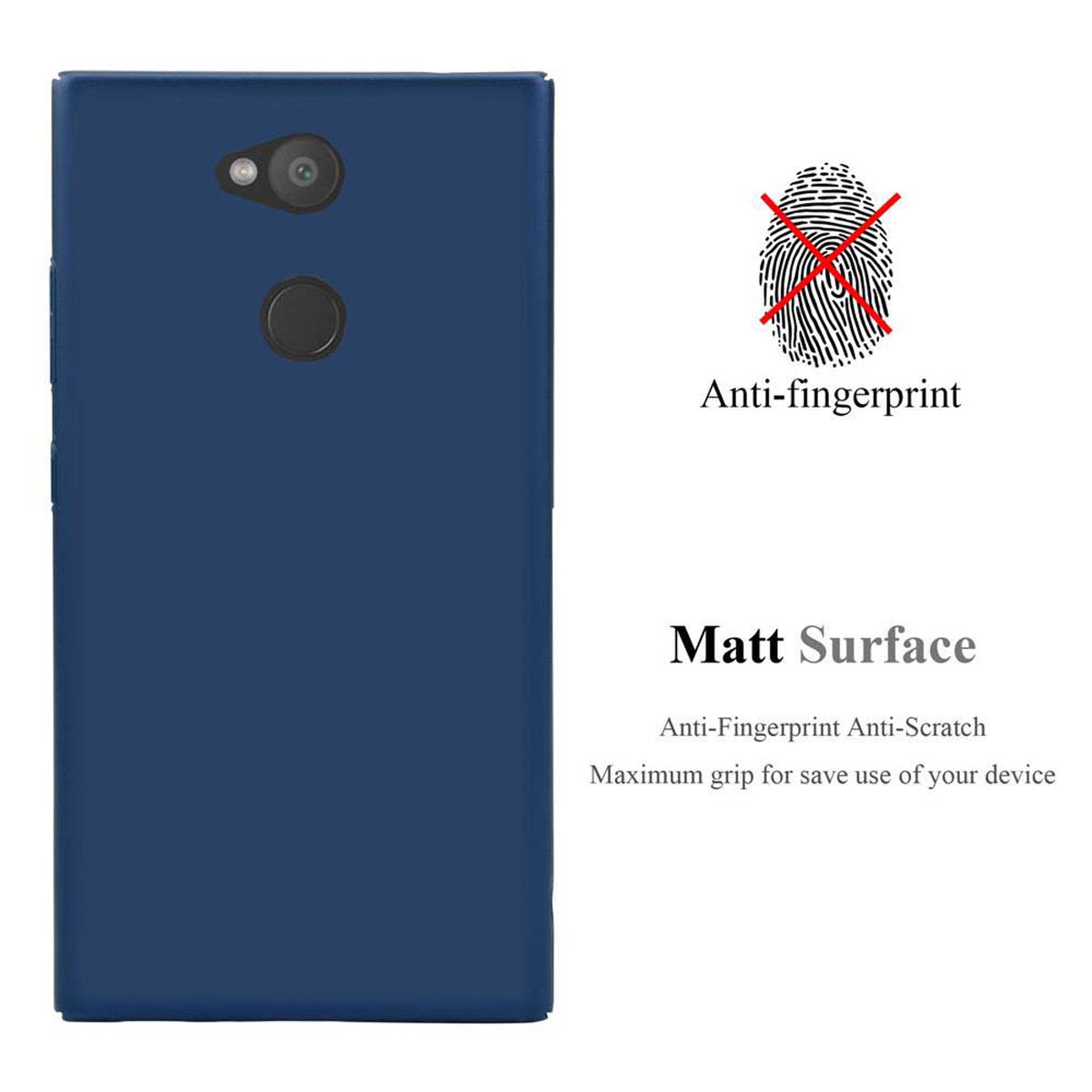 Una custodia blu mostra il retro di un telefono. Ha un'impronta digitale e il testo 'Matt Surface'.