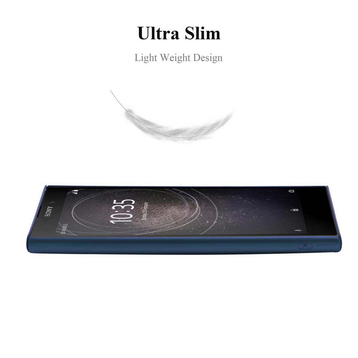 Un telefono in una custodia blu, con una grafica a piuma e le parole 'Ultra Slim'.