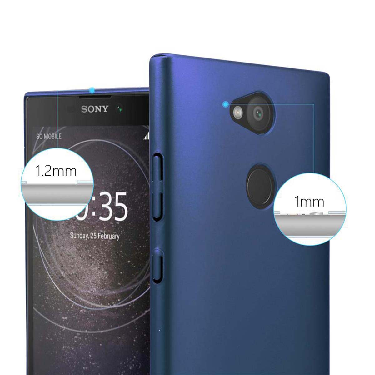 Custodia blu per telefono con un telefono Sony all'interno. Mostra lo spessore della custodia.