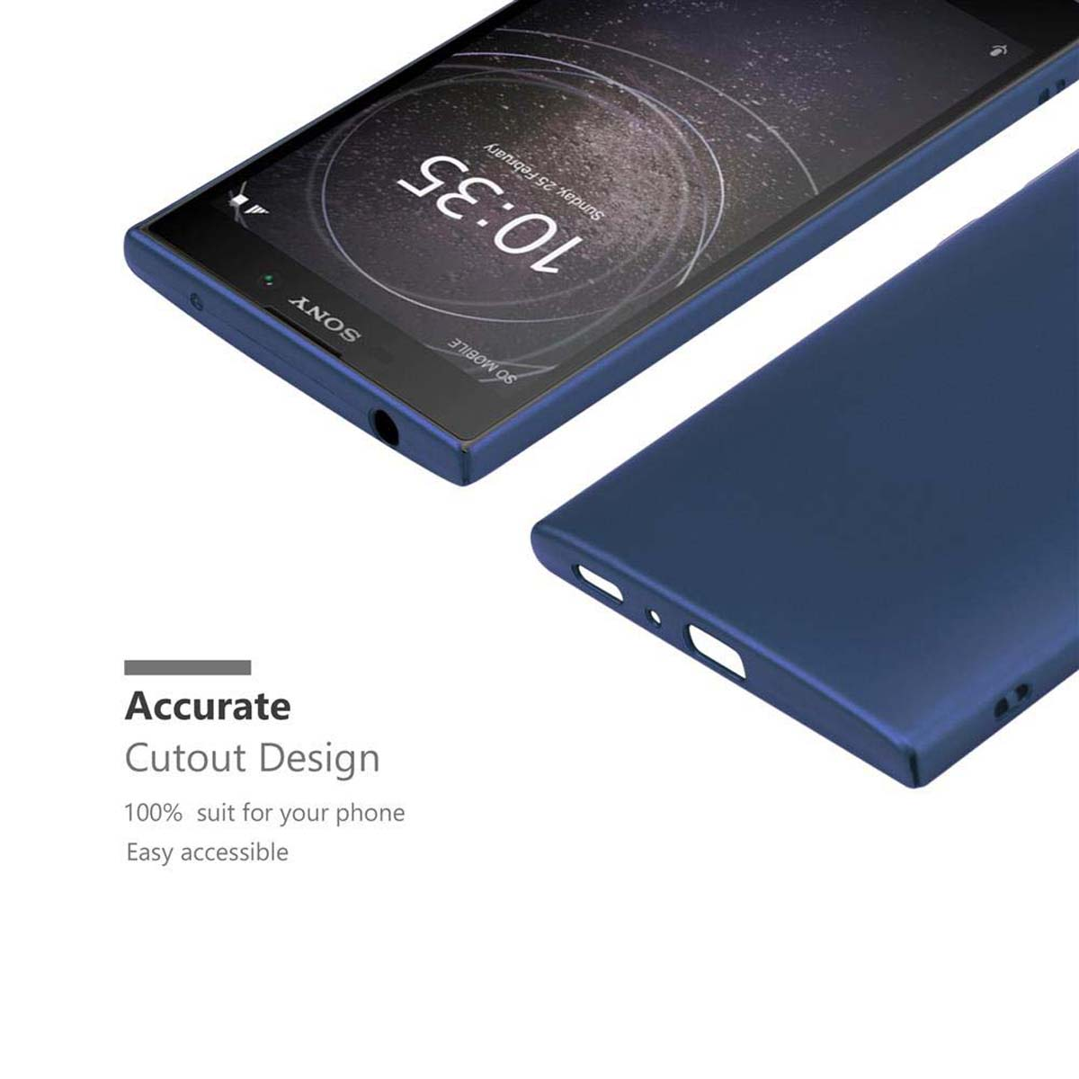 Un telefono blu all'interno di una custodia blu, con il design ritagliato visibile.
