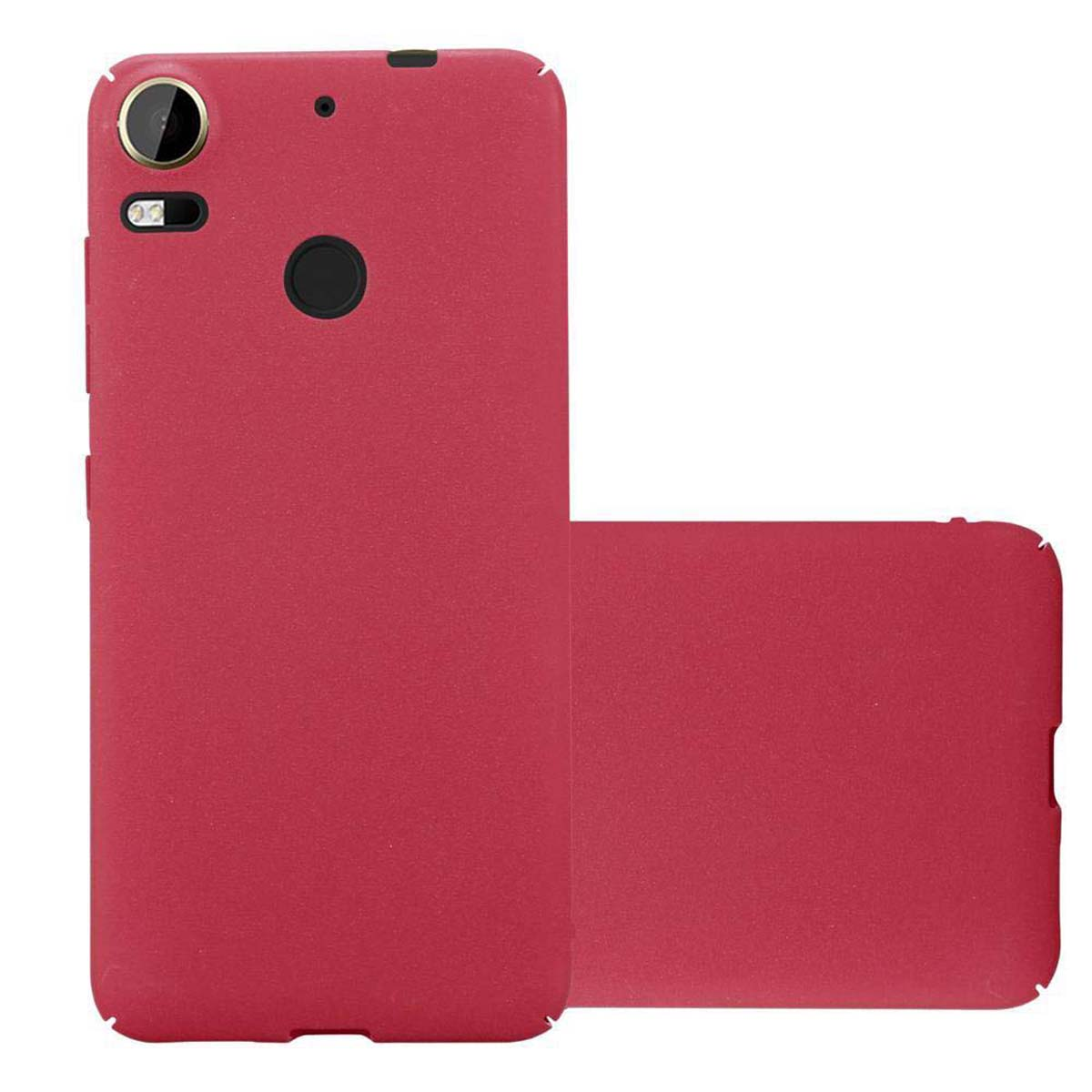 Due custodie per telefono rosse. Una in piedi e una sdraiata.