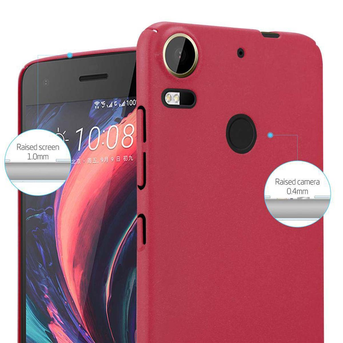 Custodia rossa sul telefono. Dettagli: Schermo rialzato, fotocamera rialzata. Ora e data.