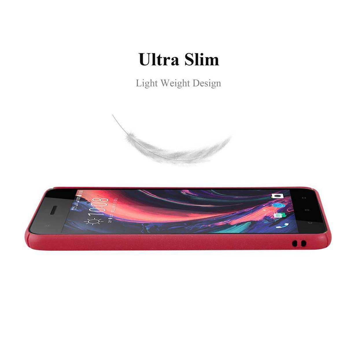 Telefono rosso in una custodia rossa. Una piuma leggera fluttua sopra.