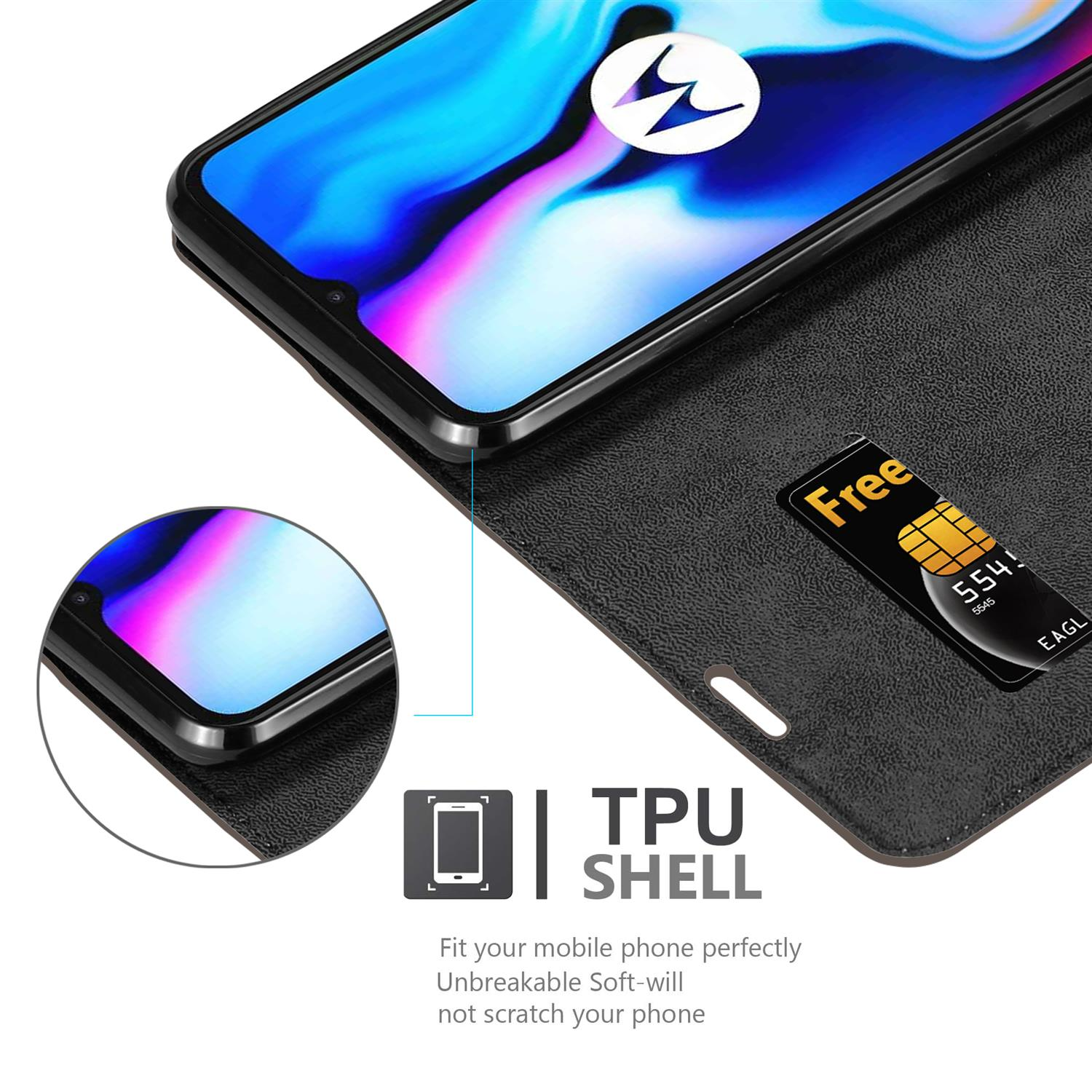 Telefon in schwarzer Schale. Zeigt TPU-Schalenfunktion. Zeigt Telefon mit der Karte. Kostenlose Karte ist eingesetzt.
