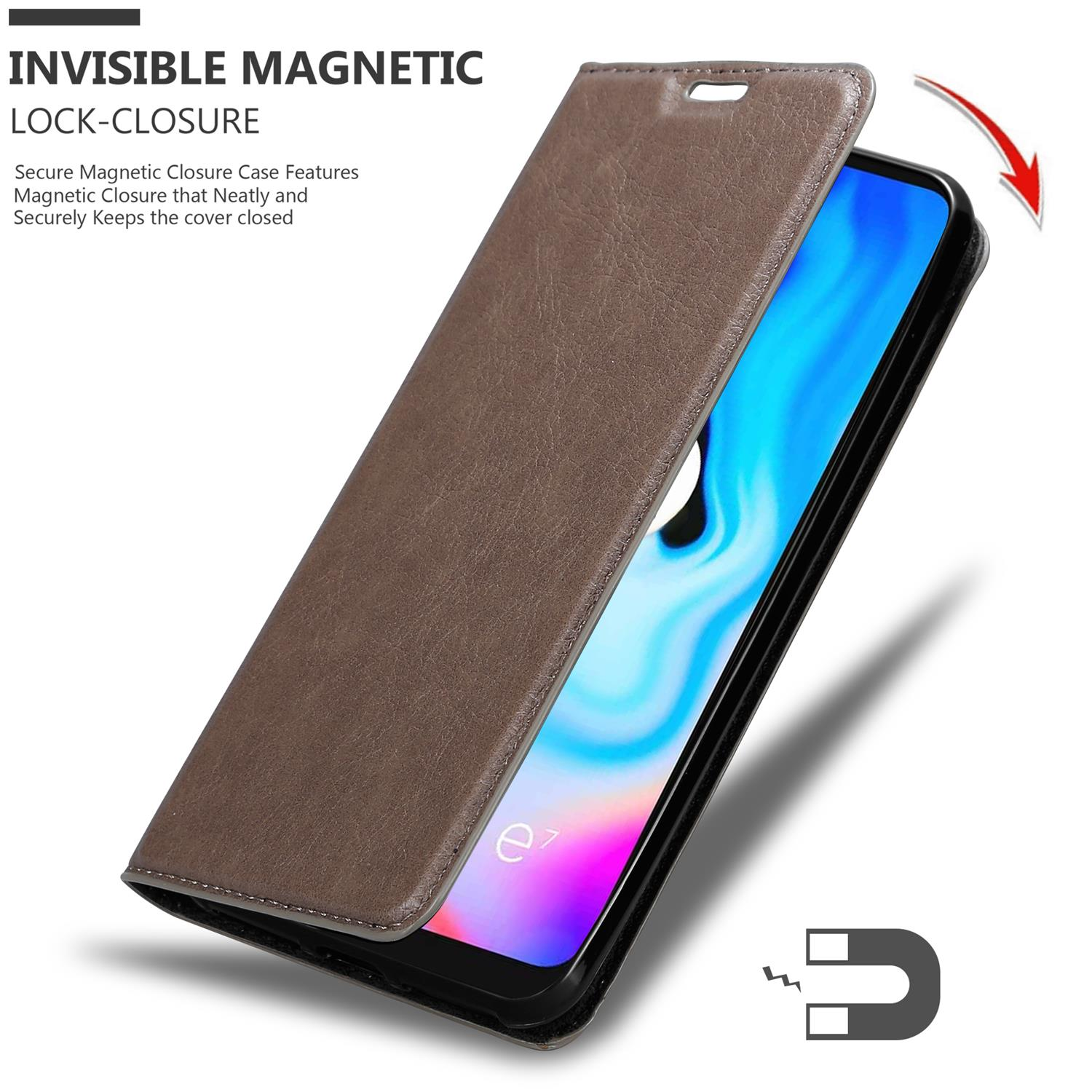 Braune Handyhülle mit geöffneter Klappe. Text: Invisible Magnetic Lock-Closure.