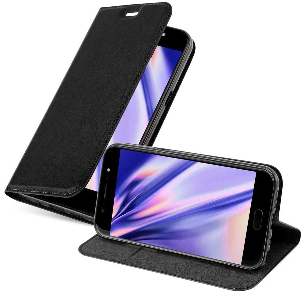 Schwarze Handyhülle offen mit Telefon im Inneren. Telefon zeigt Bildschirm. Die Hülle ist geöffnet.