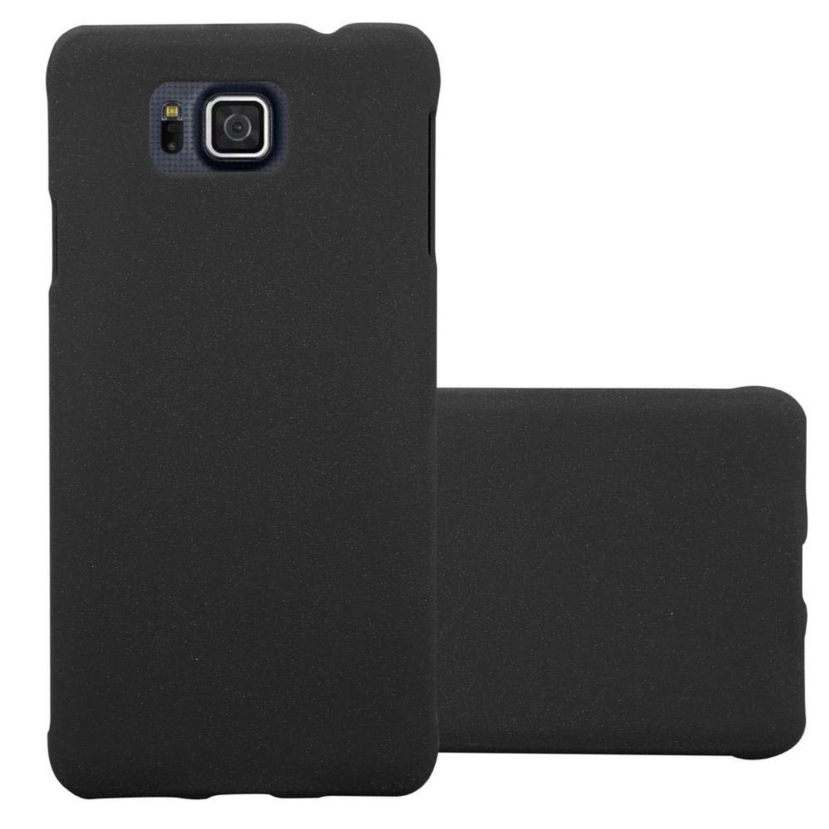 Funda negra para teléfono. La cámara es visible. Fondo negro.