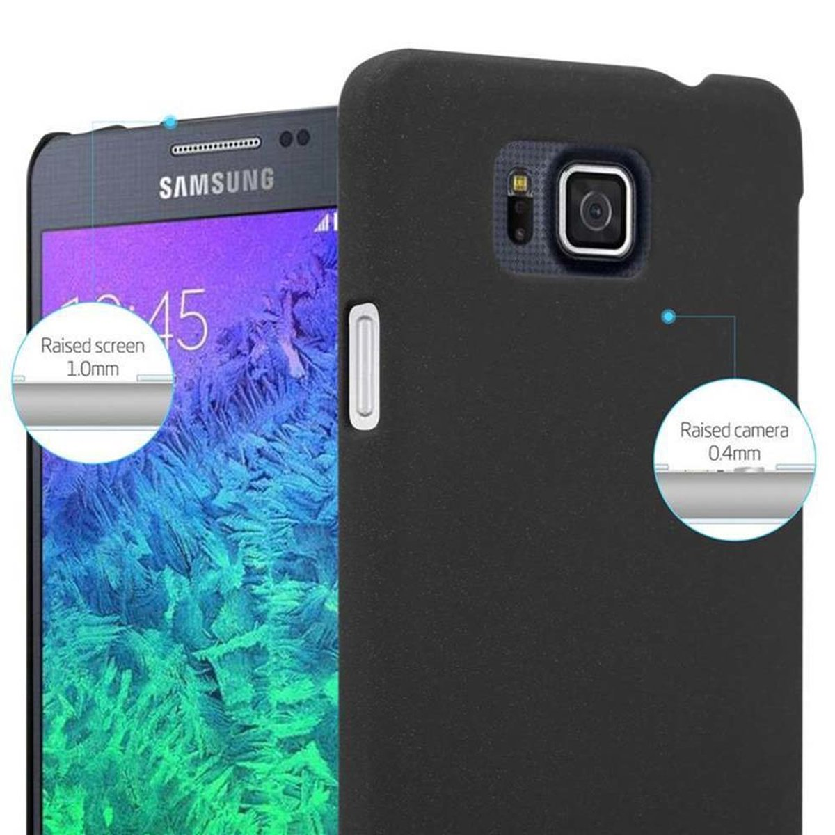 Funda negra en un teléfono Samsung. Detalles de la pantalla y cámara.