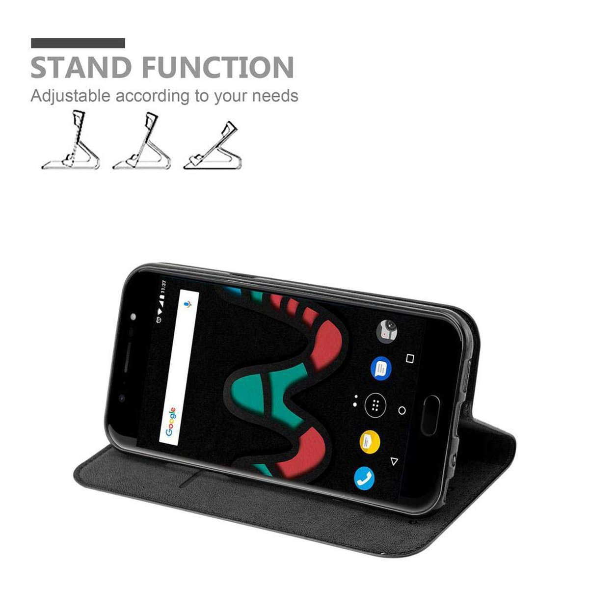 Ein Telefon in einem schwarzen Brieftaschenetui ist aufgestellt. Das Telefon zeigt ein farbenfrohes, abstraktes Design auf dem Bildschirm.