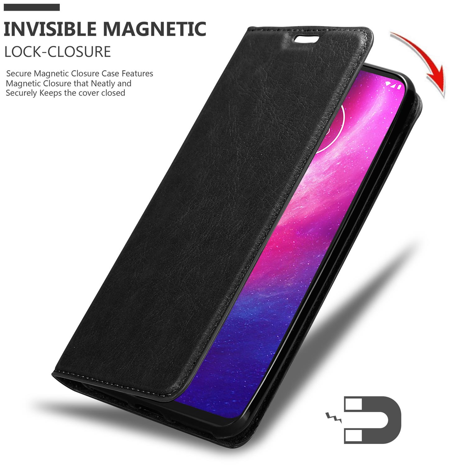 Schwarze Handyhülle, geöffnet, zeigt Bildschirm. Magnetischer Verschluss hervorgehoben.