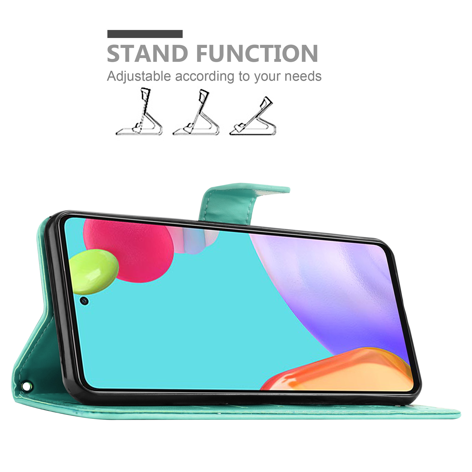 Türkis Handyhülle mit Telefon. Einstellbare Standfunktion. Weißer Hintergrund.