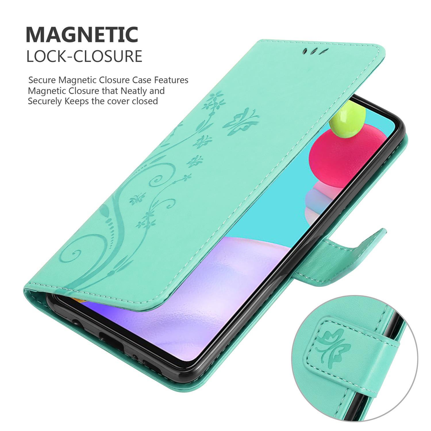Grüne Handyhülle, offen mit Telefon, Blumenmuster, Magnetverschluss, weißer Hintergrund.