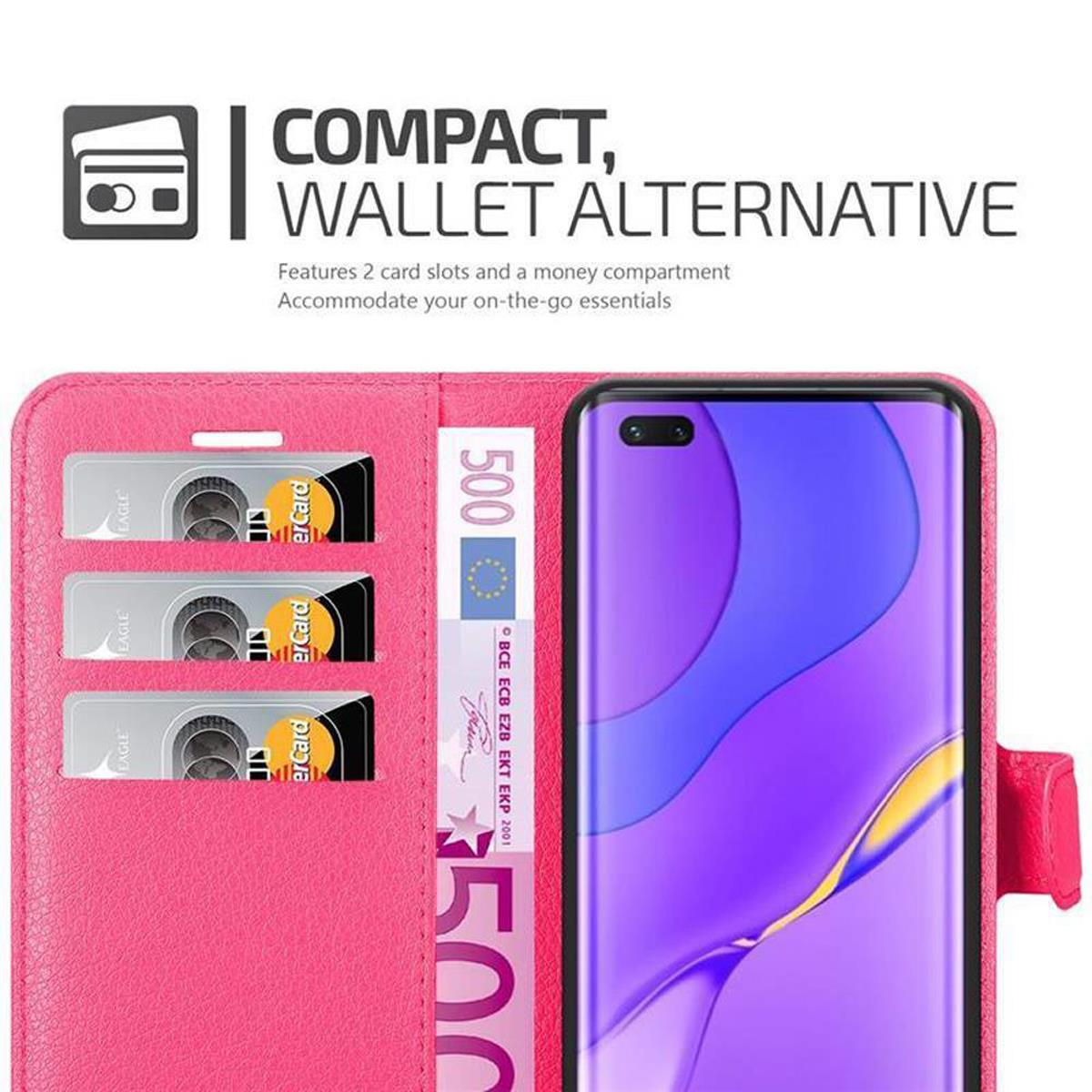 Custodia a portafoglio rosa con tre slot per carte, contanti. Telefono a destra, schermo viola.