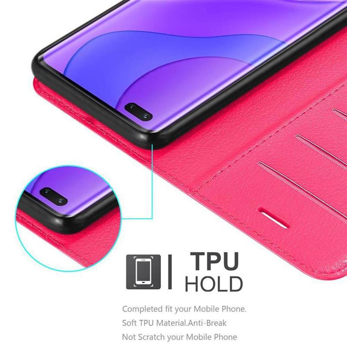 Primo piano di una custodia per telefono con telefono. Custodia rosa con bordo nero. Testo: TPU HOLD.