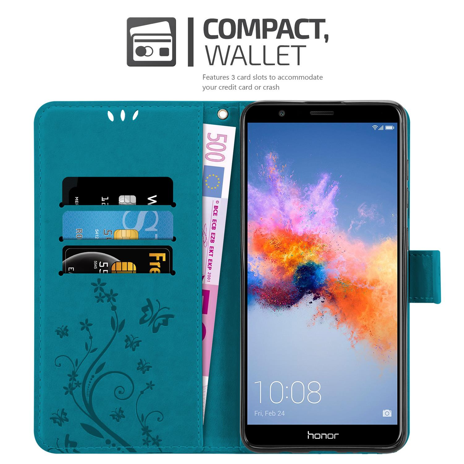 Custodia per telefono color verde acqua con telefono e slot per schede. Carte di credito e banconota da 500 euro.