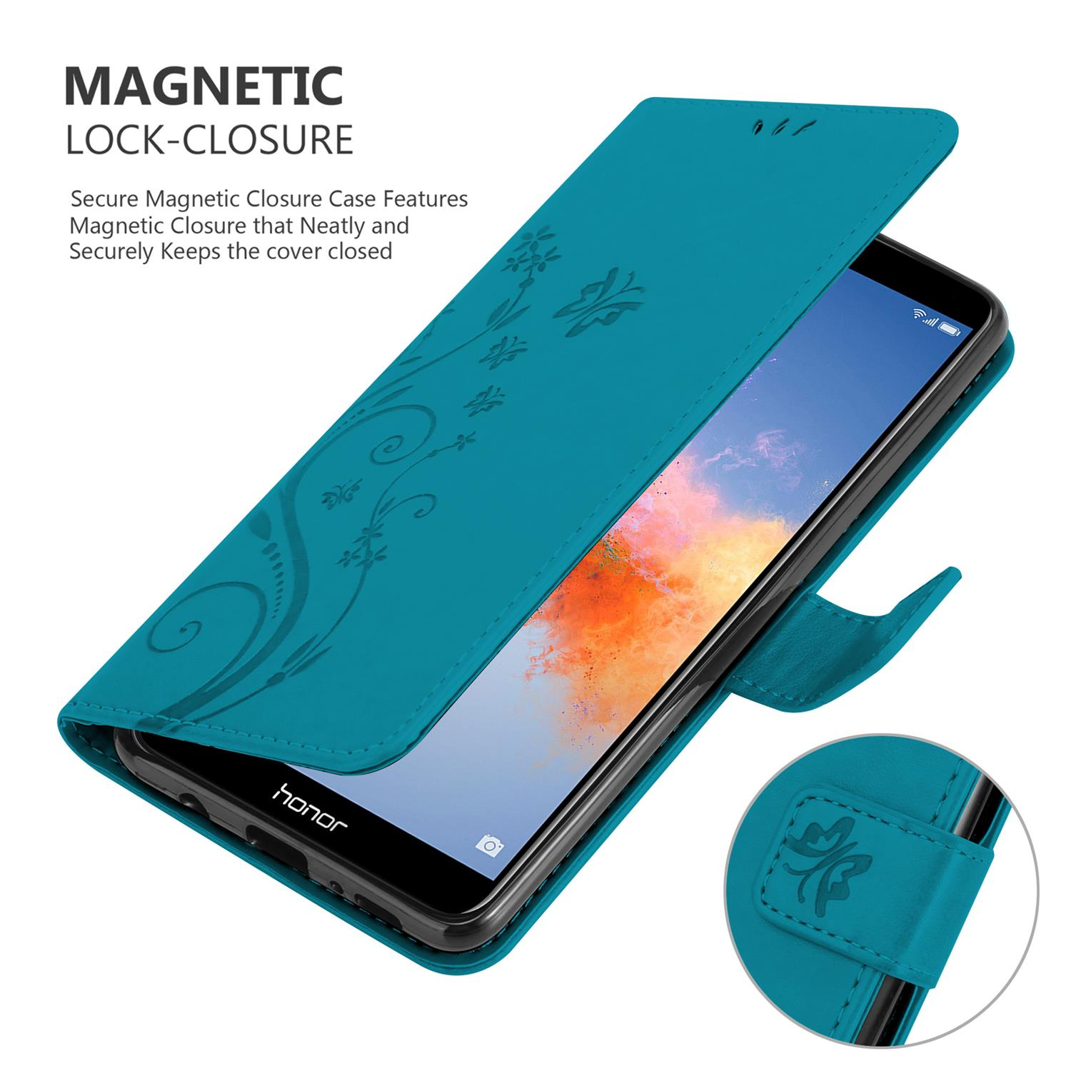 Custodia per telefono verde acqua con un design floreale. Aperta, con un telefono all'interno.