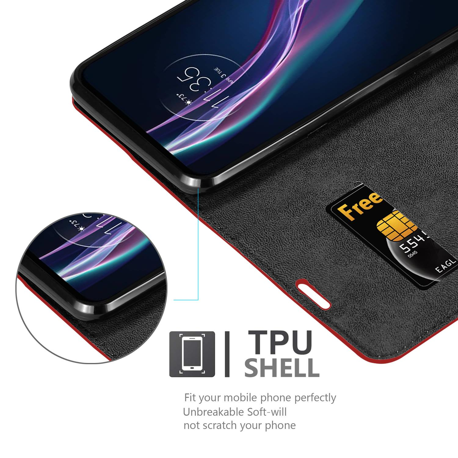 Telefono in custodia nera con bordo rosso. SIM visibile. TPU SHELL.
