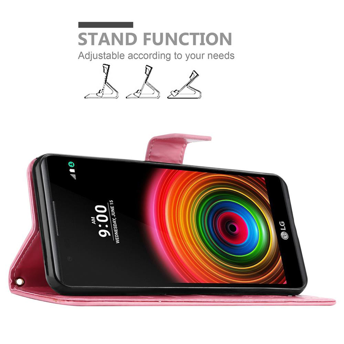 Custodia rosa con un telefono che mostra un motivo a spirale colorato, e illustrazione della funzione di supporto.
