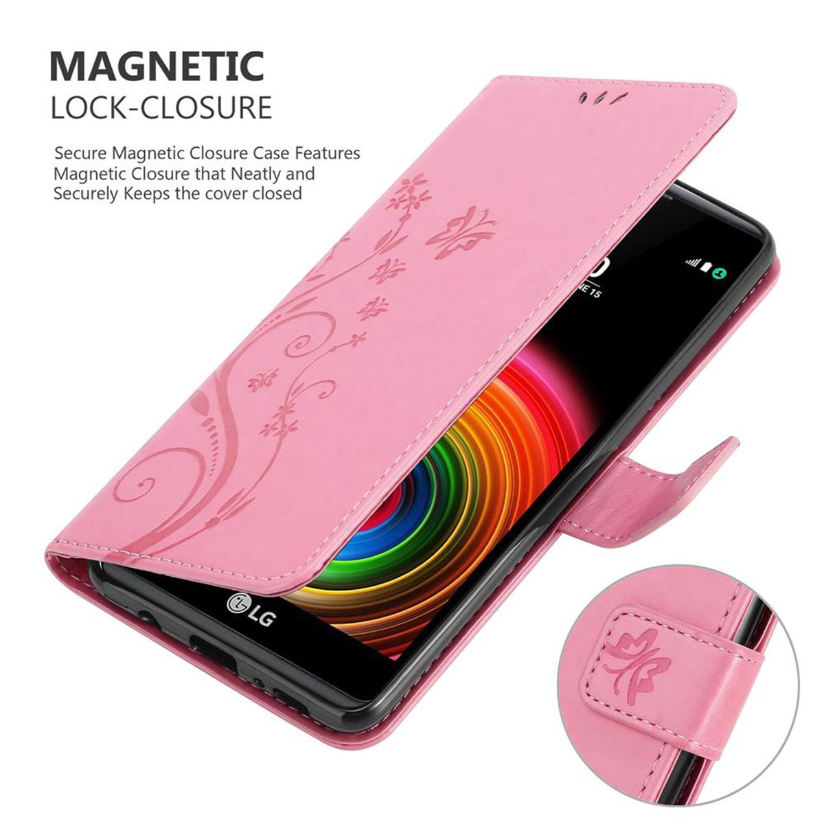 Custodia per telefono rosa, aperta per rivelare un telefono e un design floreale. Viene mostrato il testo di chiusura magnetica.